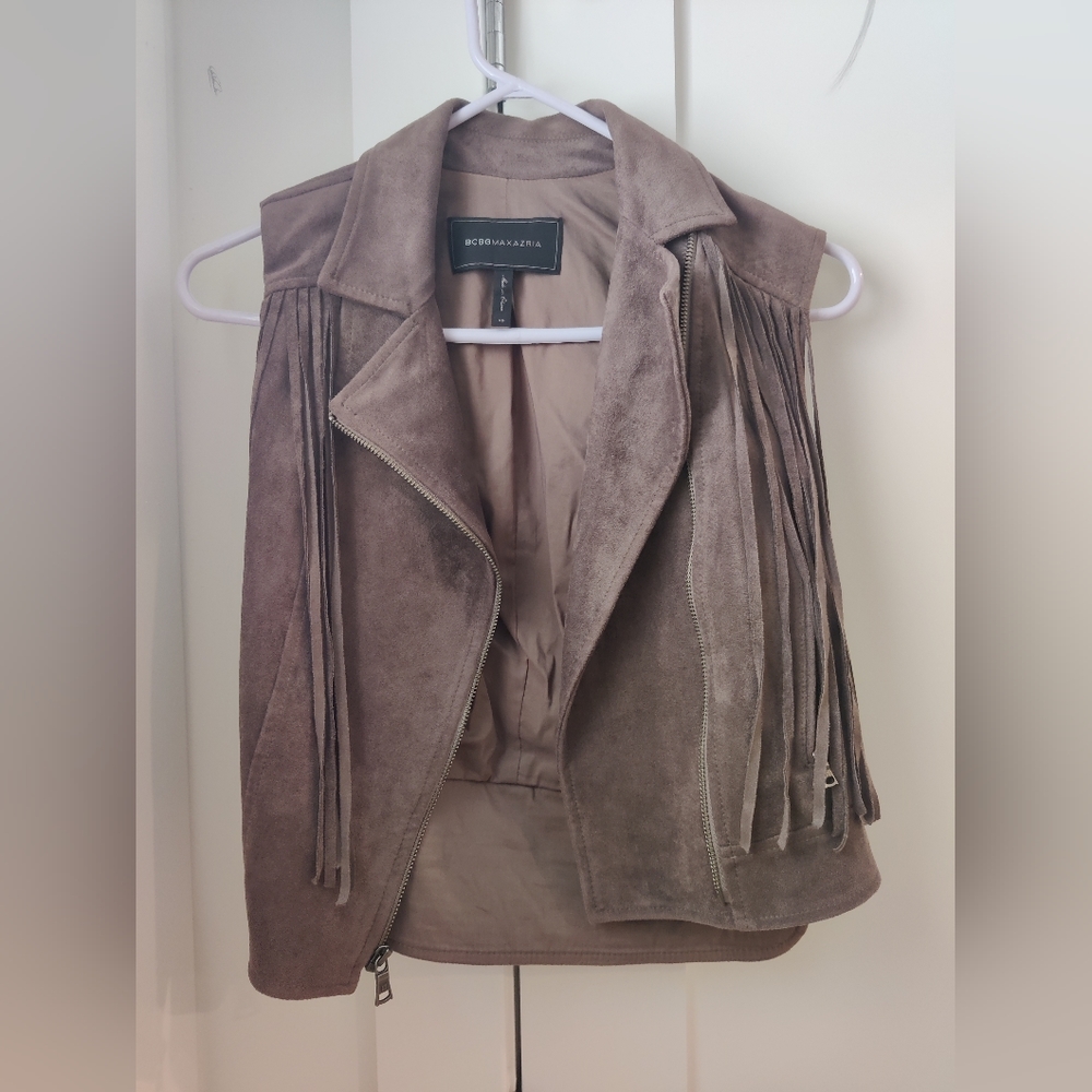 BCBG MAXAZRIA faux suede tassel vest with zipper